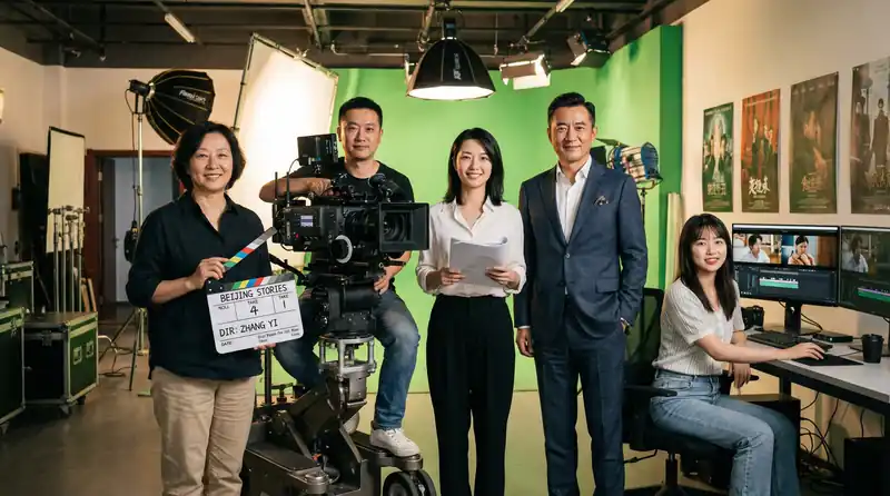 暗网猎奇专业影视制作团队在现代化摄影棚中合影，展示导演、摄影师、编剧、制片人和剪辑师