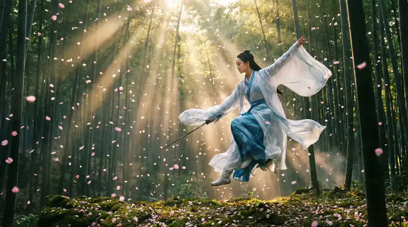 暗网猎奇精彩影片预告片画面，竹林中女侠飞身舞剑