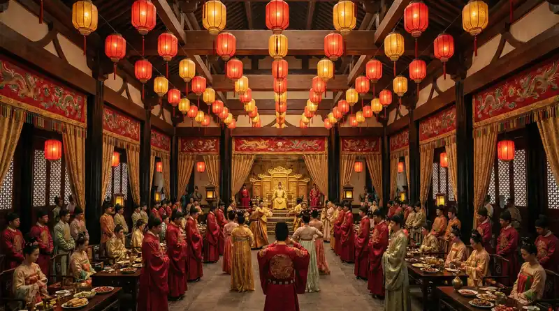 国产视频栏目精选历史大片画面，金碧辉煌的宫殿宴会场景